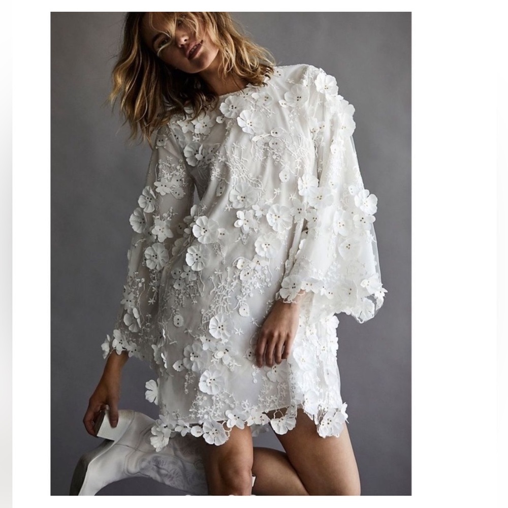 White Floral Appliqué Mini Dress - Women's